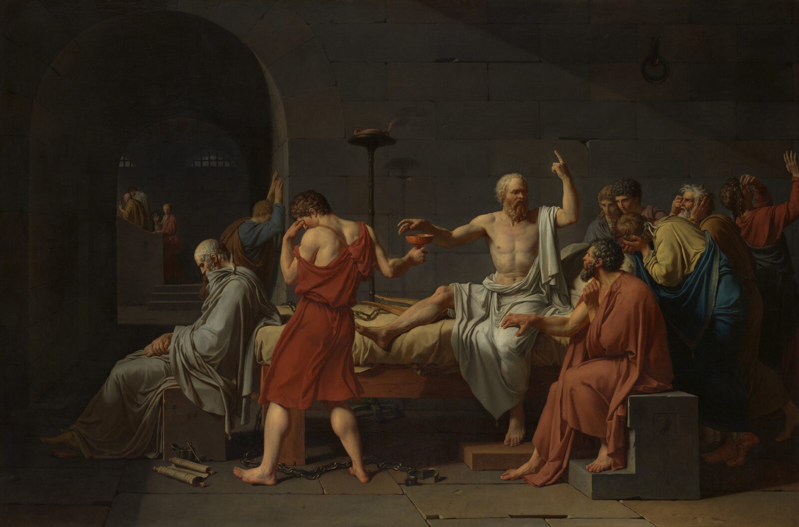 Socrates on his bed, reaching for the cup of hemlock while his followers grieve