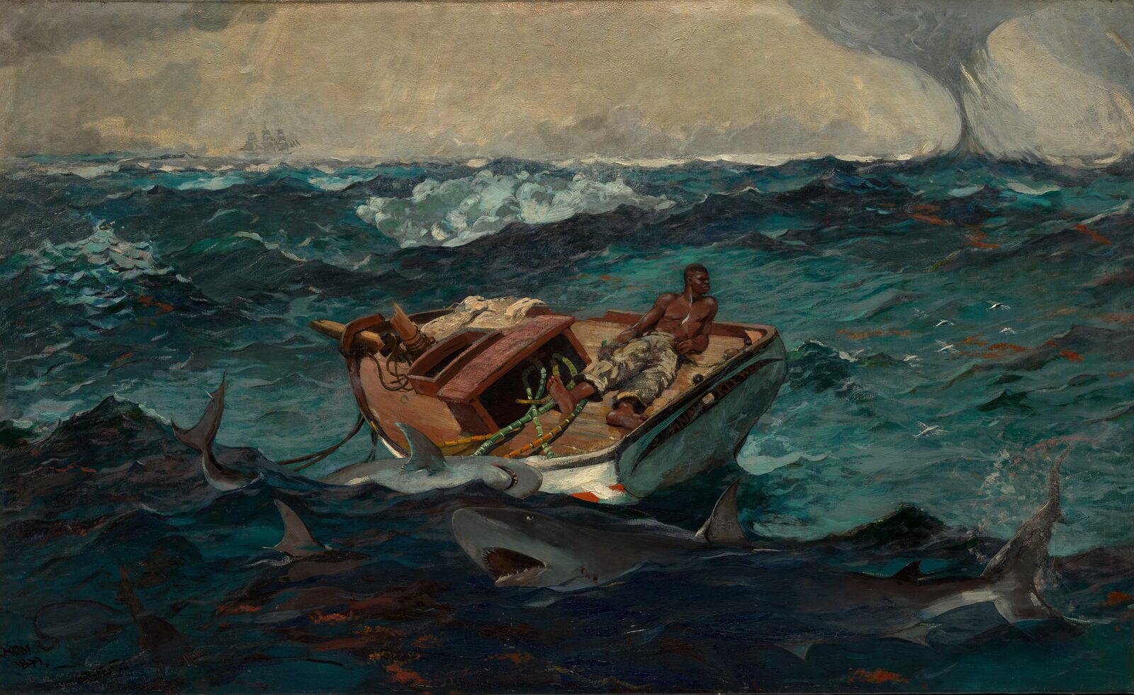 A man lying on the deck of a broken boat in a rough sea, sharks circling and a waterspout behind