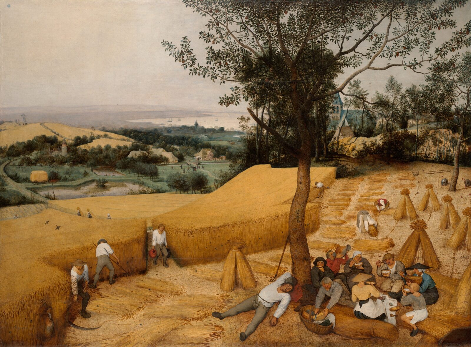 Peasants harvesting wheat on a summer afternoon, some of them resting under a pear tree