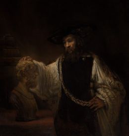 Aristotle in a black hat and a gold chain, his hand resting on a marble bust of Homer