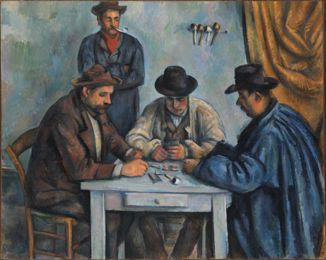Three men playing cards at a table while a fourth stands watching