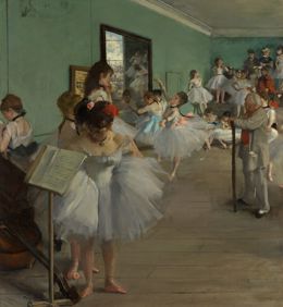 Ballerinas in white tutus waiting while their teacher leans on his stick