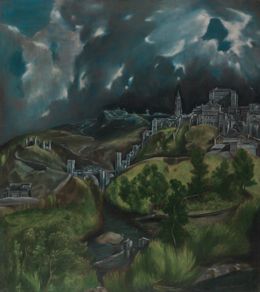Toledo on its hill under a stormy green and grey sky