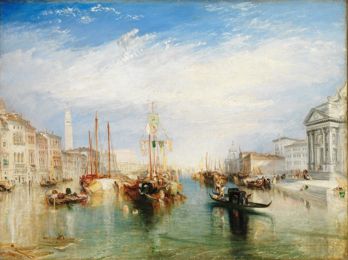 The Grand Canal in Venice in hazy sunlight, crowded with gondolas